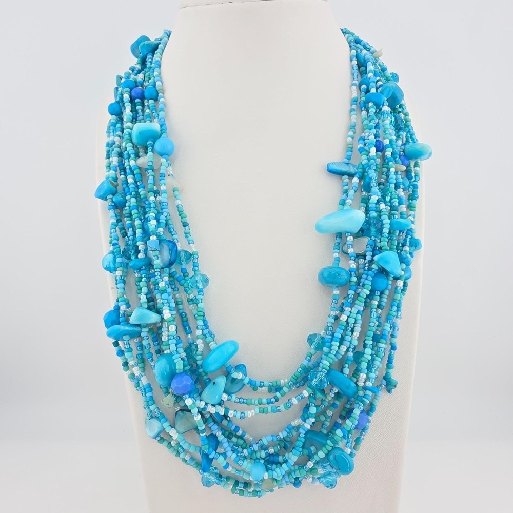 Vtg YOU & I Abalone Shell Necklace Boho Blue Multi-Strand Glass Seed Bead 24"